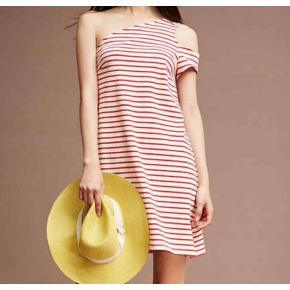 Anthropologie Maeve Marketa Striped One-Shoulder Mini Dress Size Small